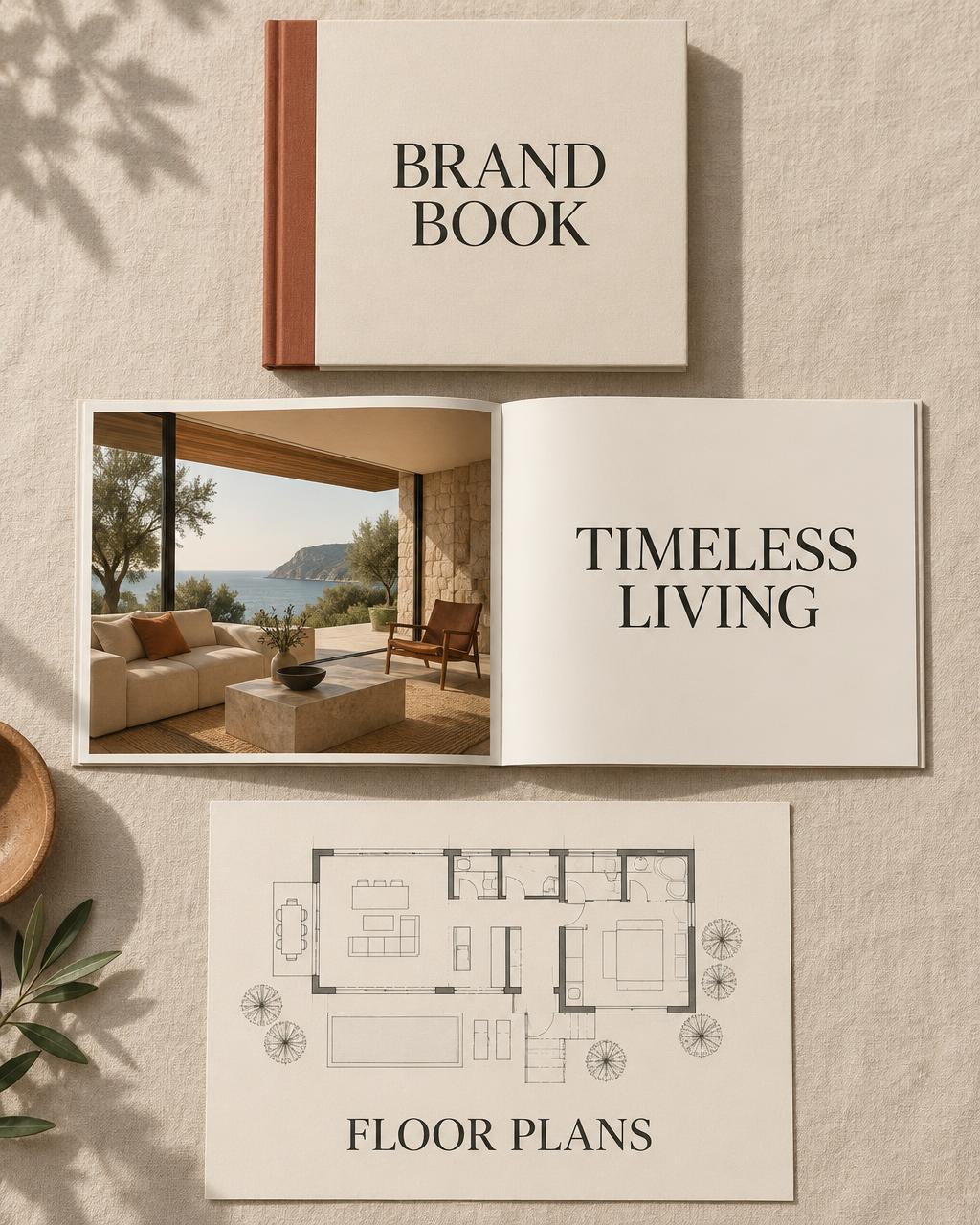 Luxury real estate marketing work by OSB: brand book, sales brochure, floor plan sheet, sales presentation and signage