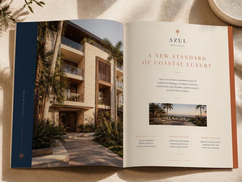 Open luxury real estate sales brochure with editorial layout and architectural photography