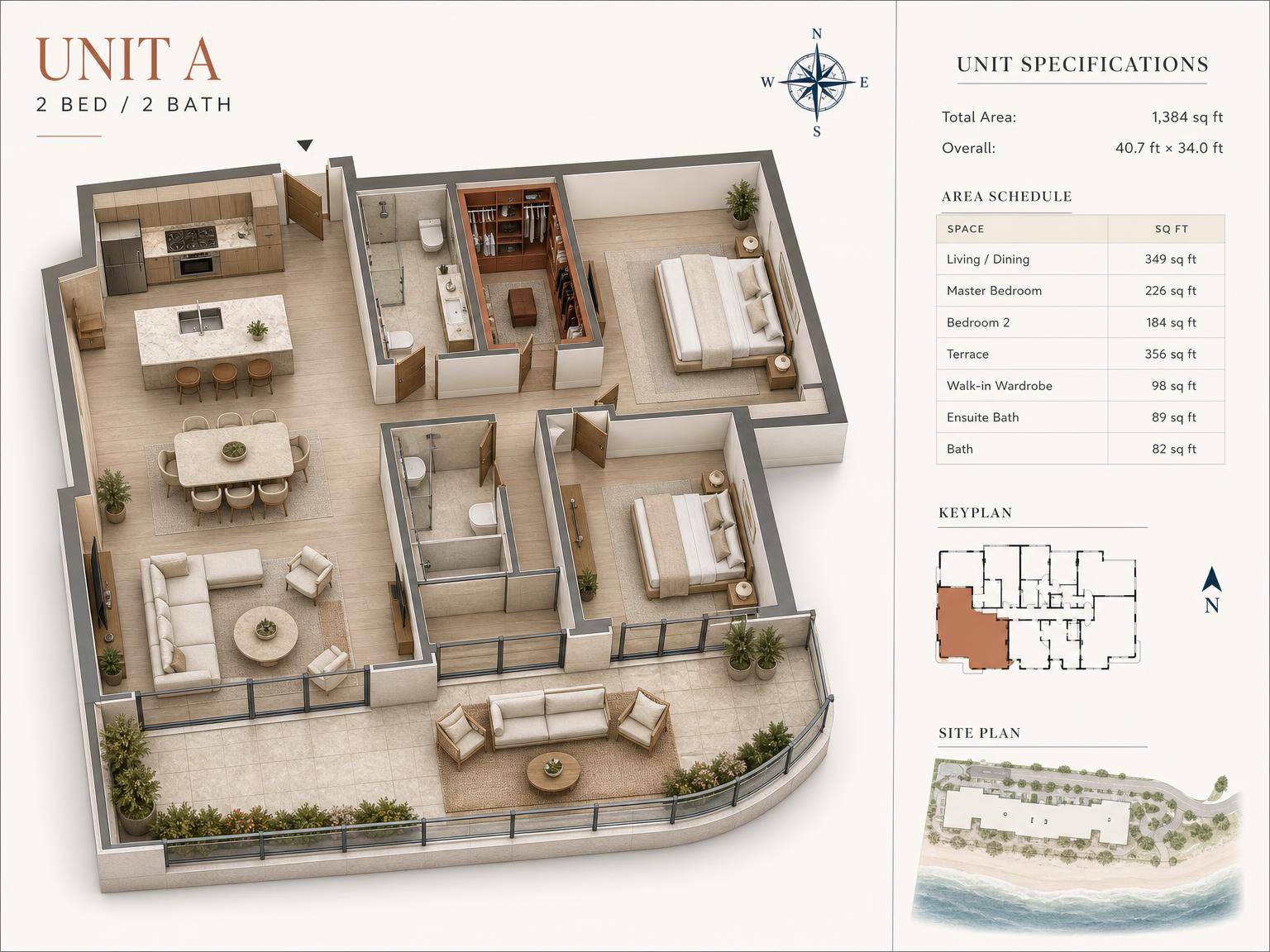 Premium 3D isometric floor plan with unit specifications, keyplan and site plan for a luxury residence in warm cream and terracotta tones