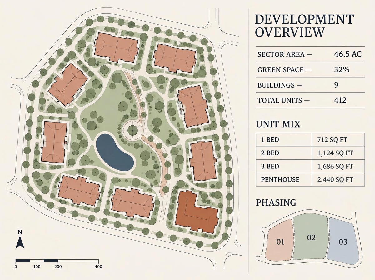 Sales site plan sheet of a residential development sector showing building footprints, green areas, phasing diagram and unit typologies