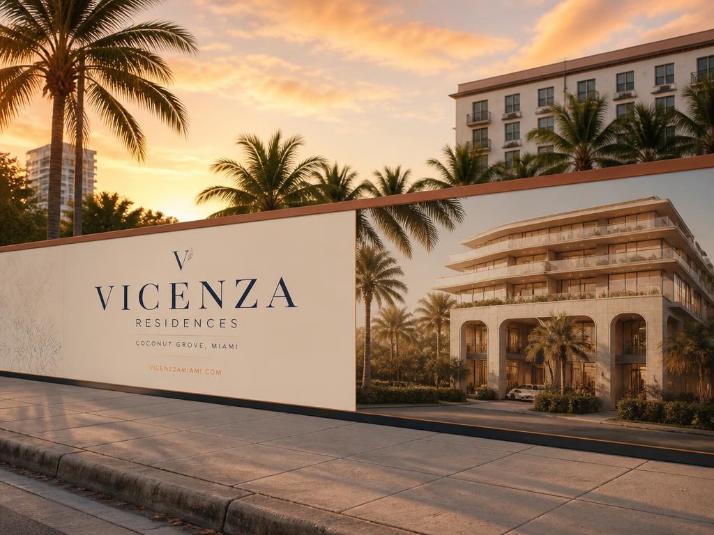 Construction fence branding with elegant signage for a luxury development at golden hour