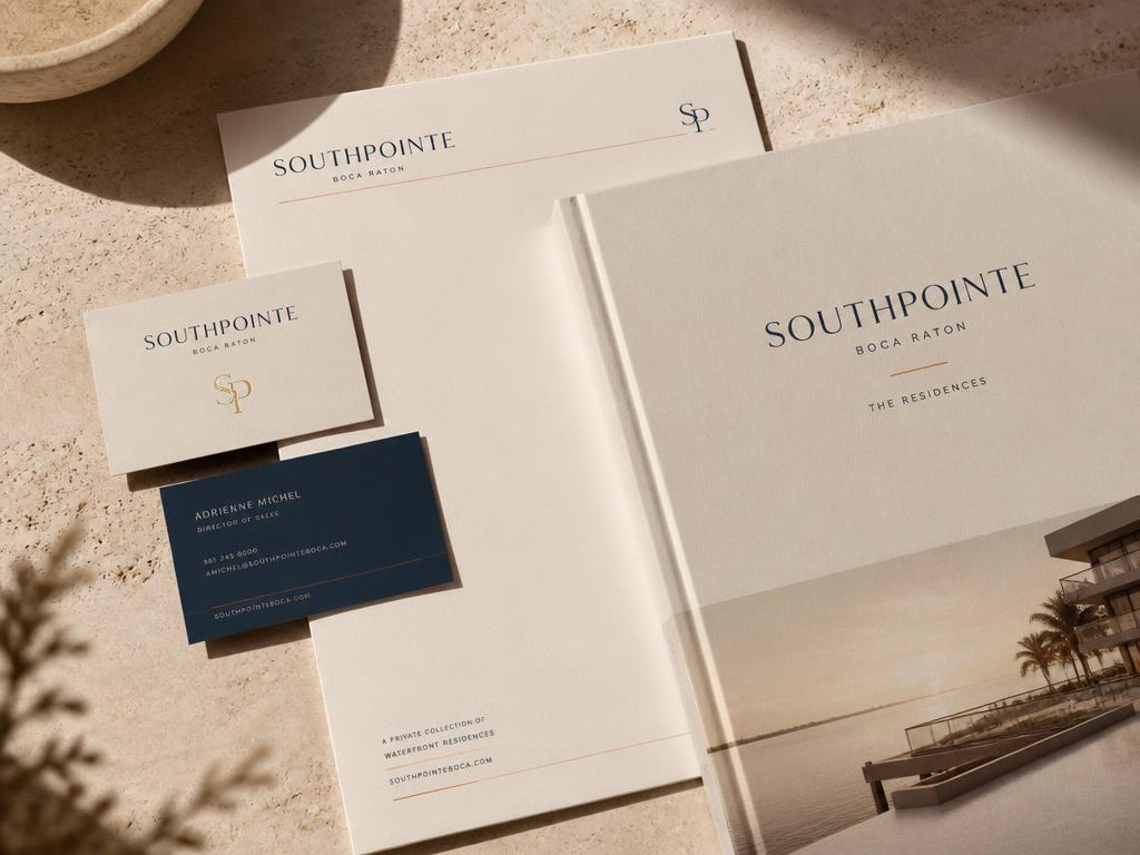 Luxury real estate stationery set with business cards, letterhead and coffee table book in cream and navy