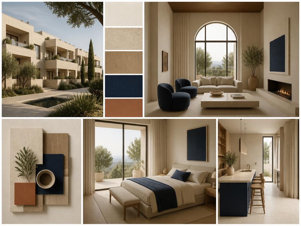 Moodboard and architectural render for a real estate development